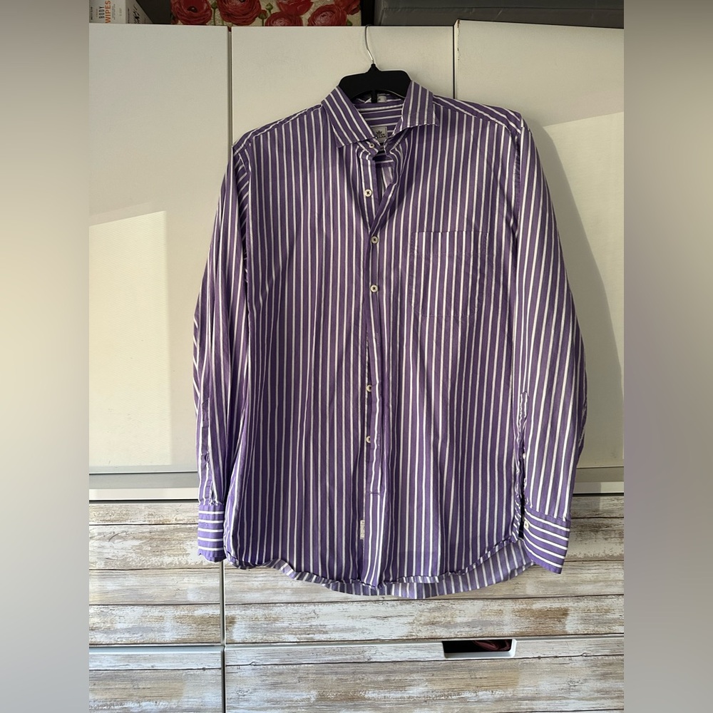 💜 Peter Millar Weekender Wash Purple White Striped Shirt Size Large
